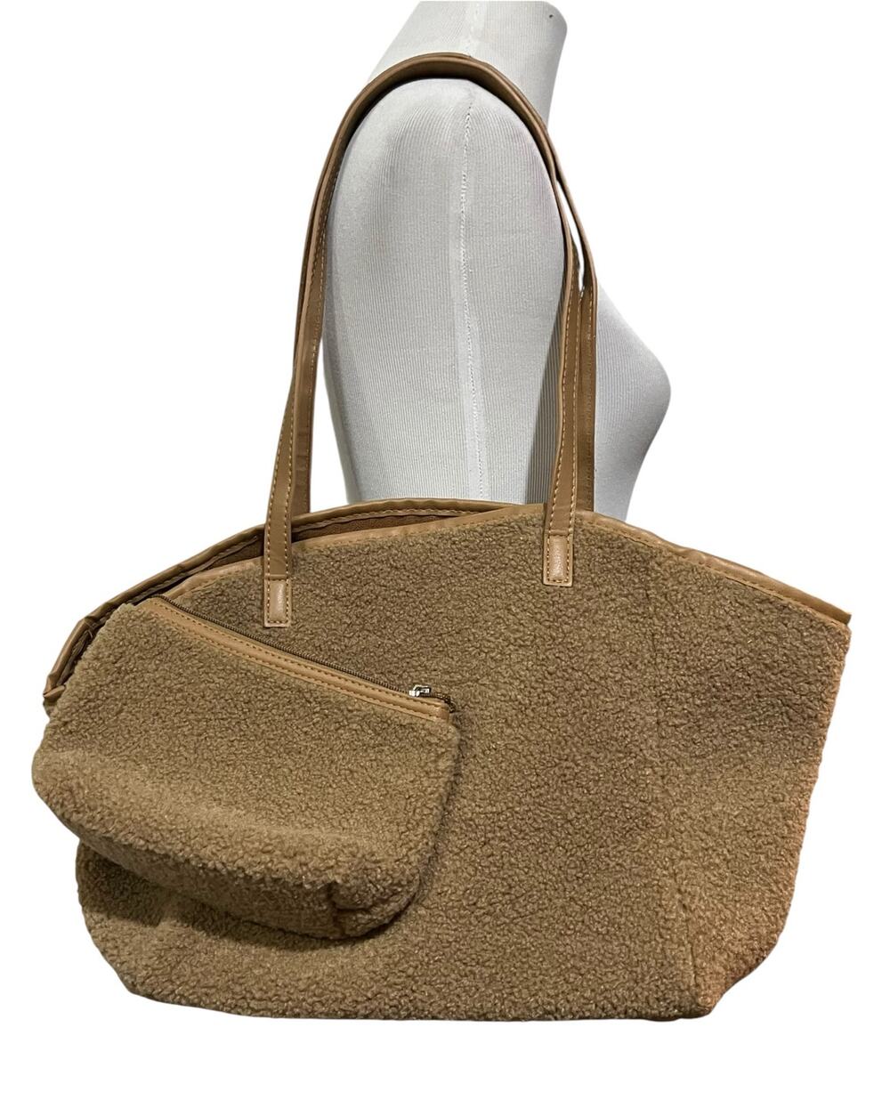 Neiman Marcus Sherpa Shearling Tote Bag with Matching Pouch Tan Fuzzy Shoulder